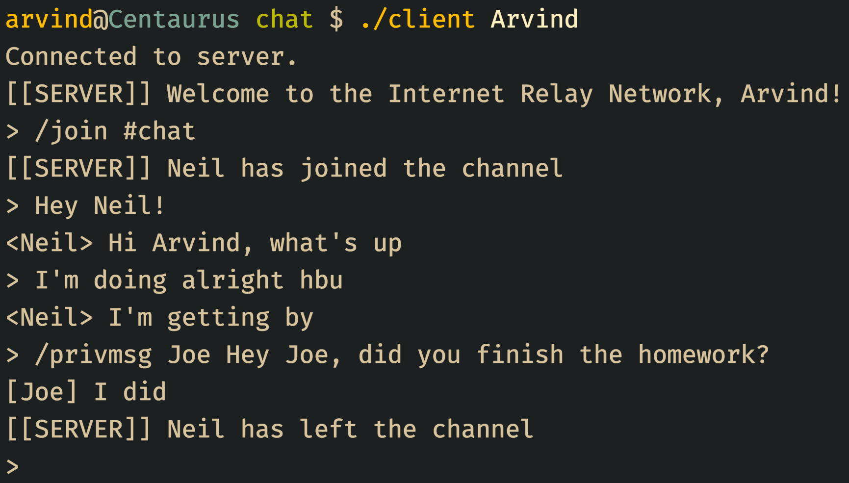 A text conversation between different users using the client of my IRC app